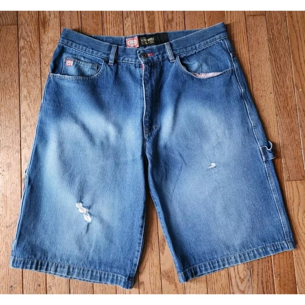 Ecko Shorts Men 34 Jorts Denim Jean Distressed 5 Pocket Streetwear Hip Hop Cargo